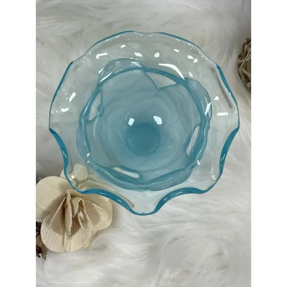 Vintage Viking Glass Cabbage Leaf Compote Bowl with Blue Frosted Finish 4